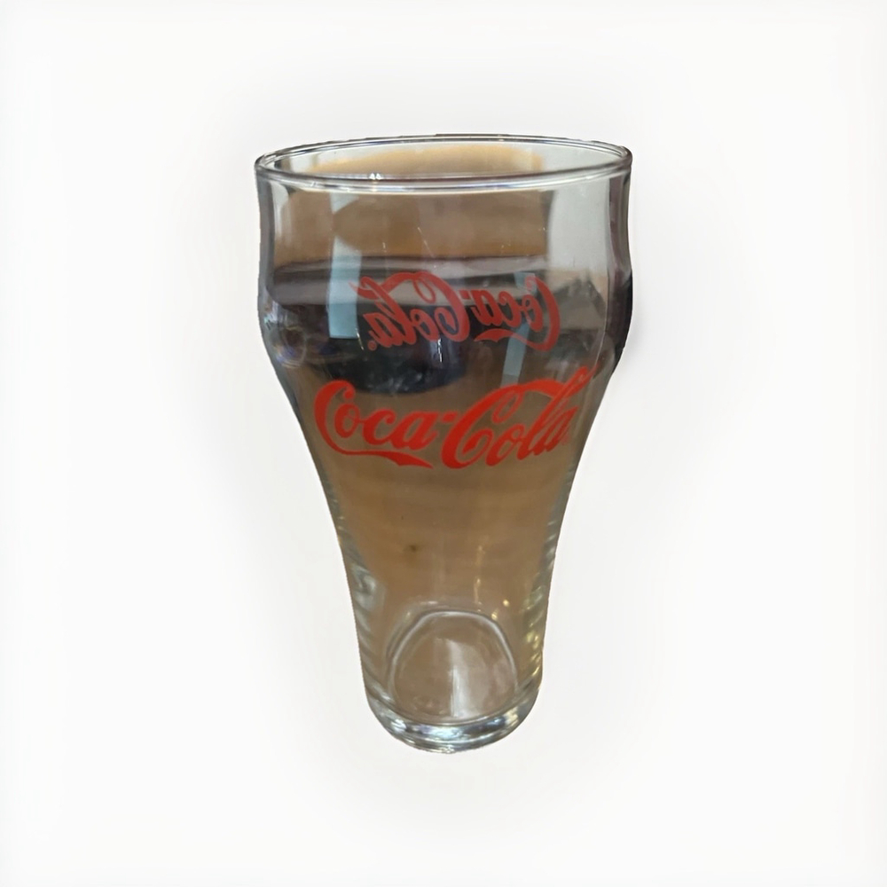 Coca Cola Clear Drinking Glass w/Red Cursive Lettering on both sides 6” Tall